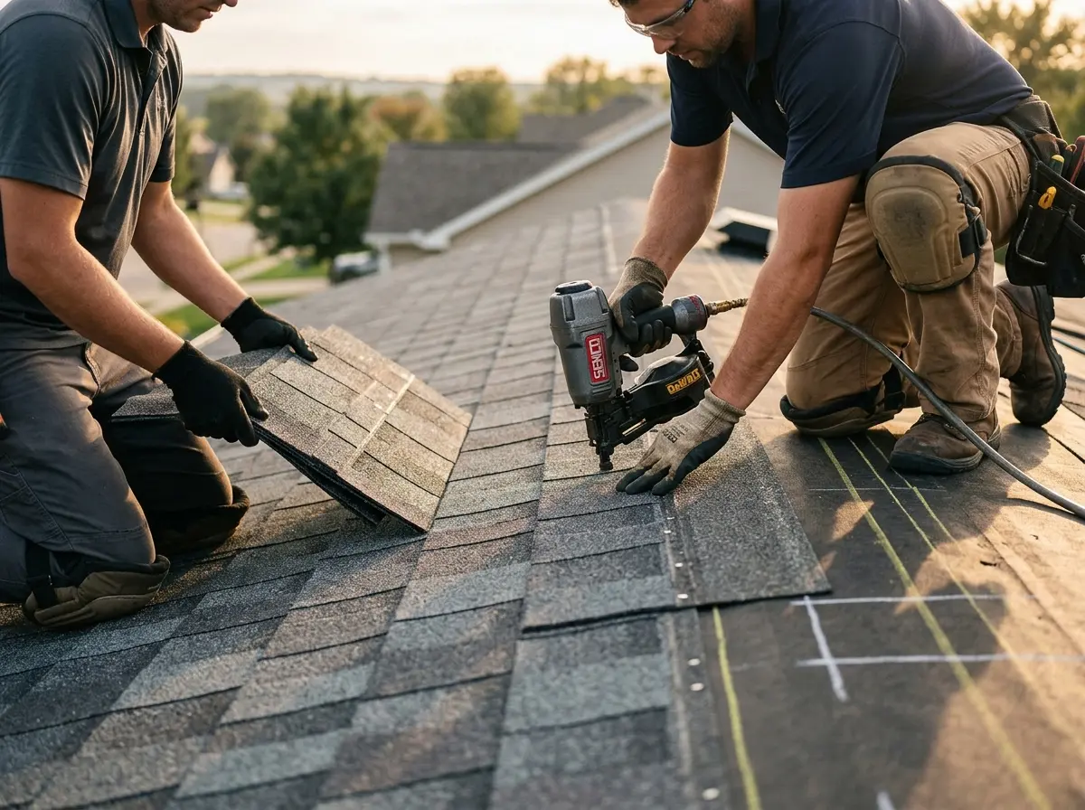 Professional roofer working on a residential roof in Elkton